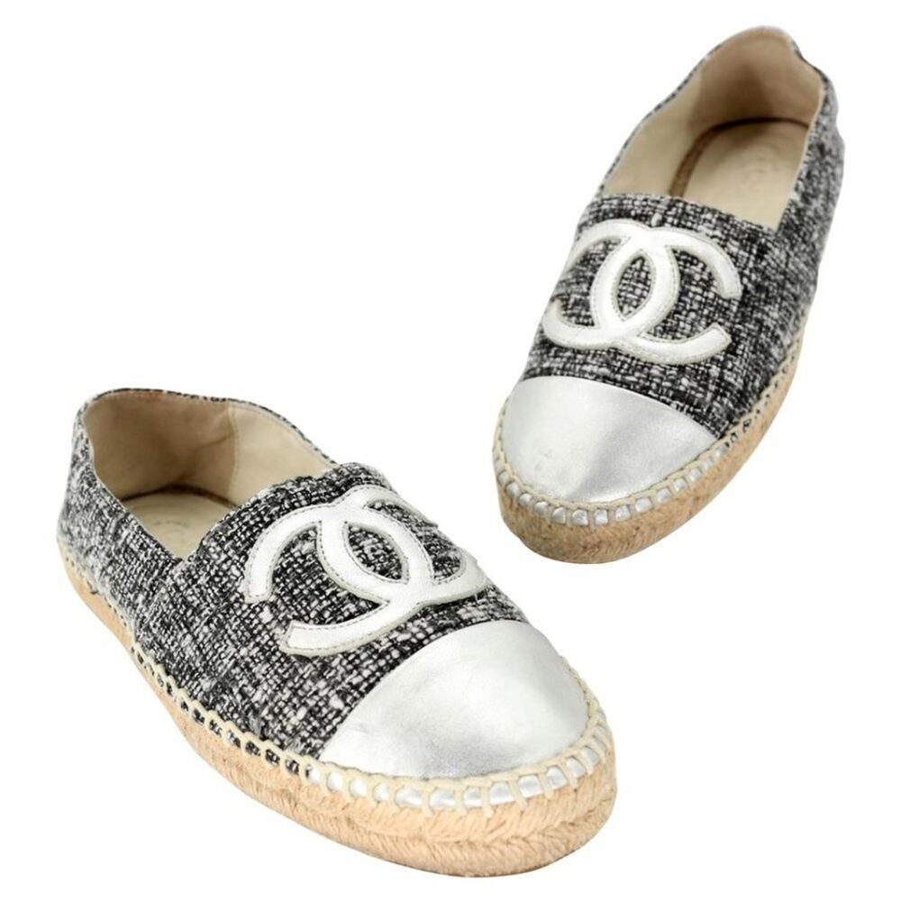 Chanel Espadrille 38 Tweed Leather Cap Toe CC Flats CC-S0207P-C009